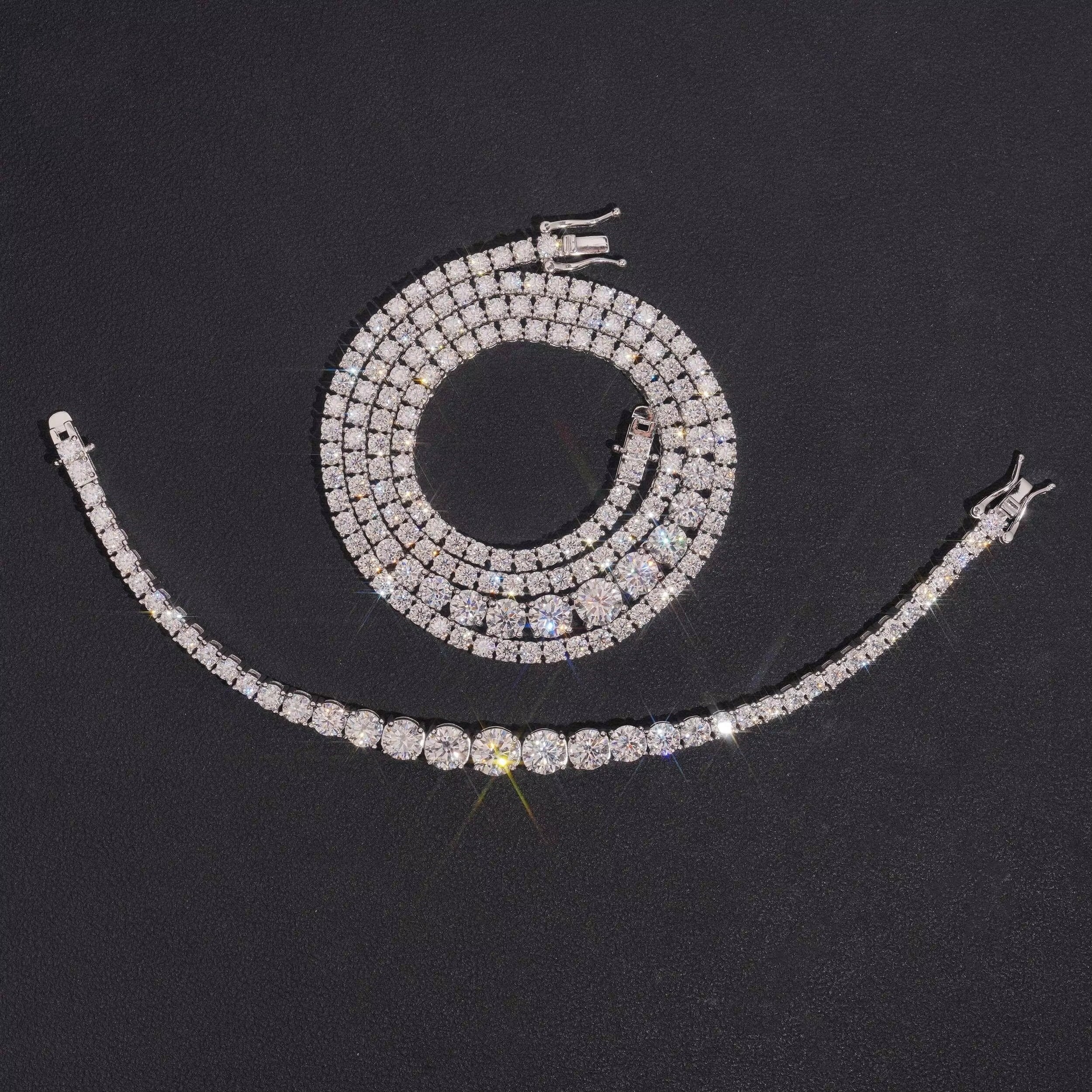 925 Sterling Silver Moissanite Diamond Gradient Size Tennis Necklace Bracelet