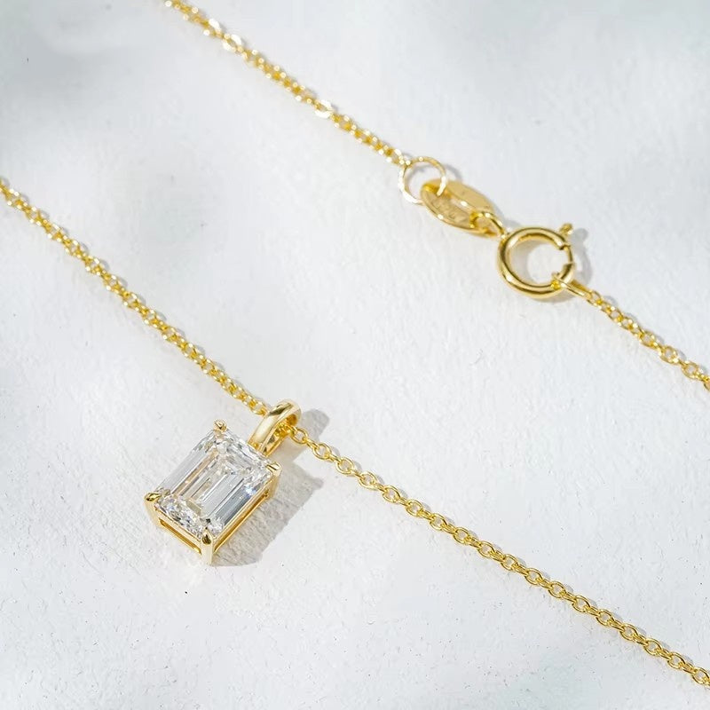 18K Real Gold 1CT Emerald Cut Lab Grown Diamond Necklace