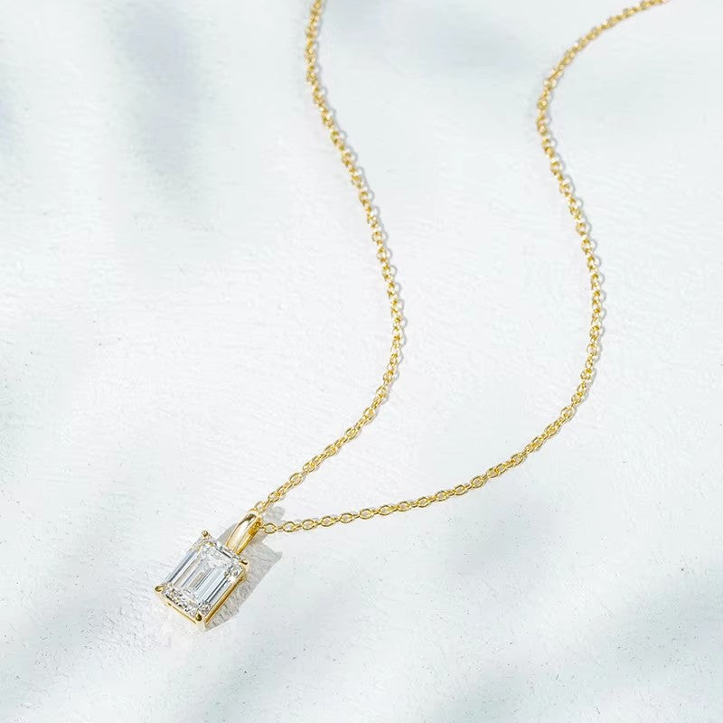18K Real Gold 1CT Emerald Cut Lab Grown Diamond Necklace