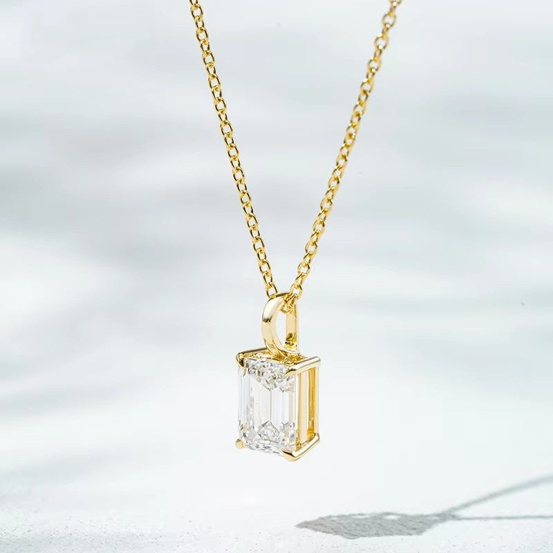 18K Real Gold 1CT Emerald Cut Lab Grown Diamond Necklace