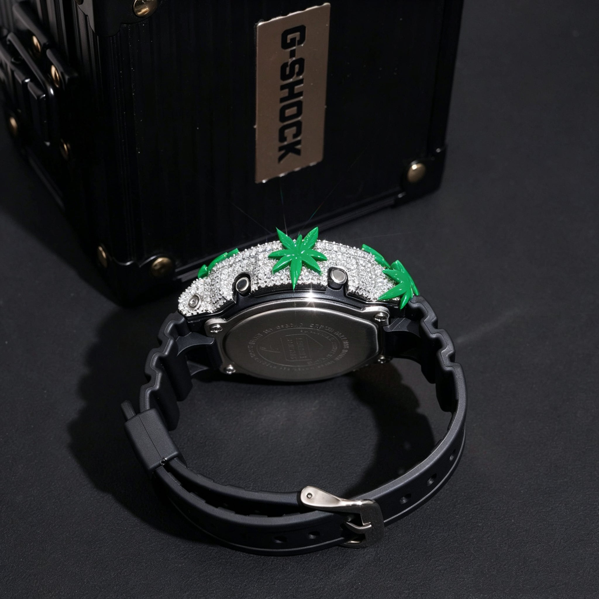 Custom Mde Green Enamel Leaf Iced Out G Shock Watch
