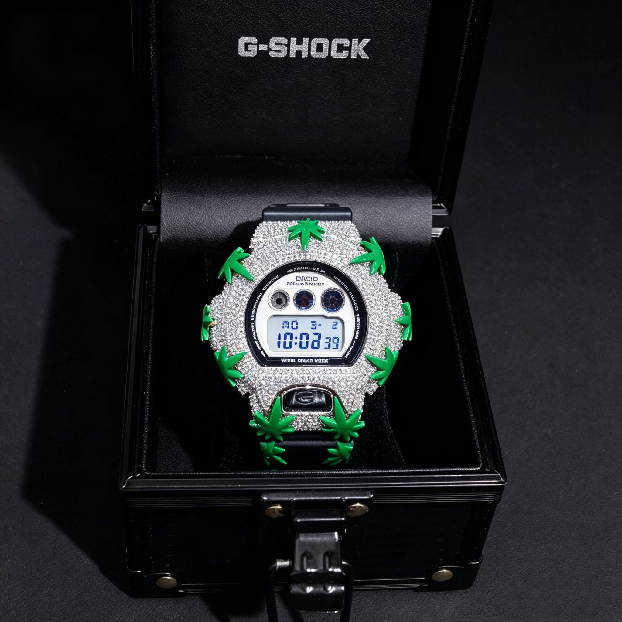 Custom Mde Green Enamel Leaf Iced Out G Shock Watch