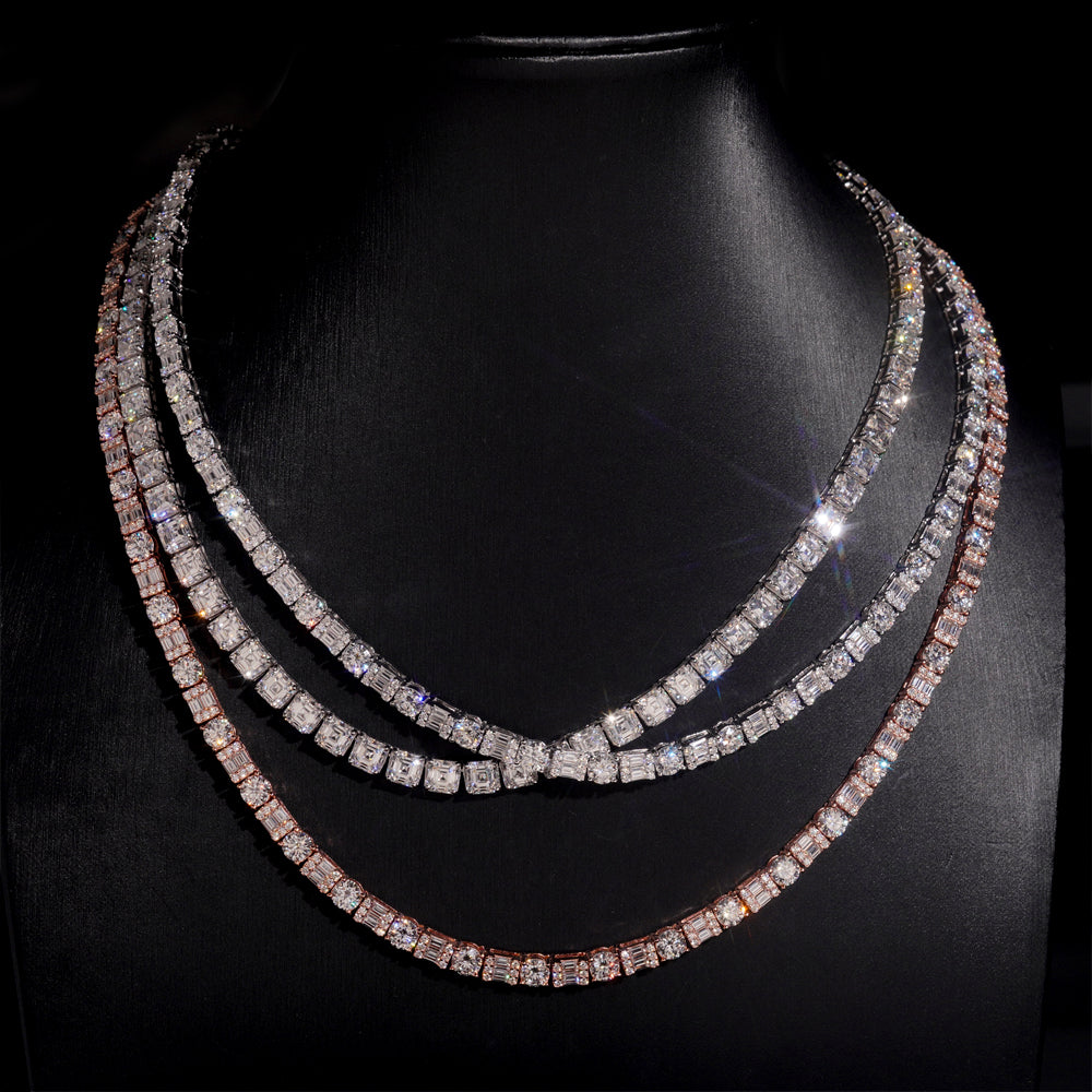 Hot Sell 5MM Round Mix Baguette Diamond Design Moissanite Tennis Necklace