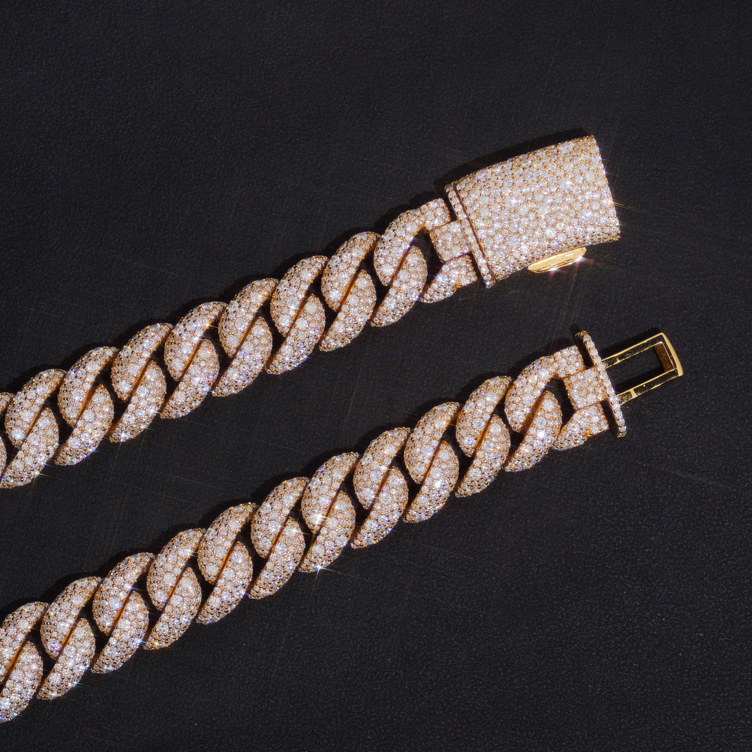 Yellow Gold Mosaic Setting Moissanite Diamond Cuban Link Chain Necklace 15MM