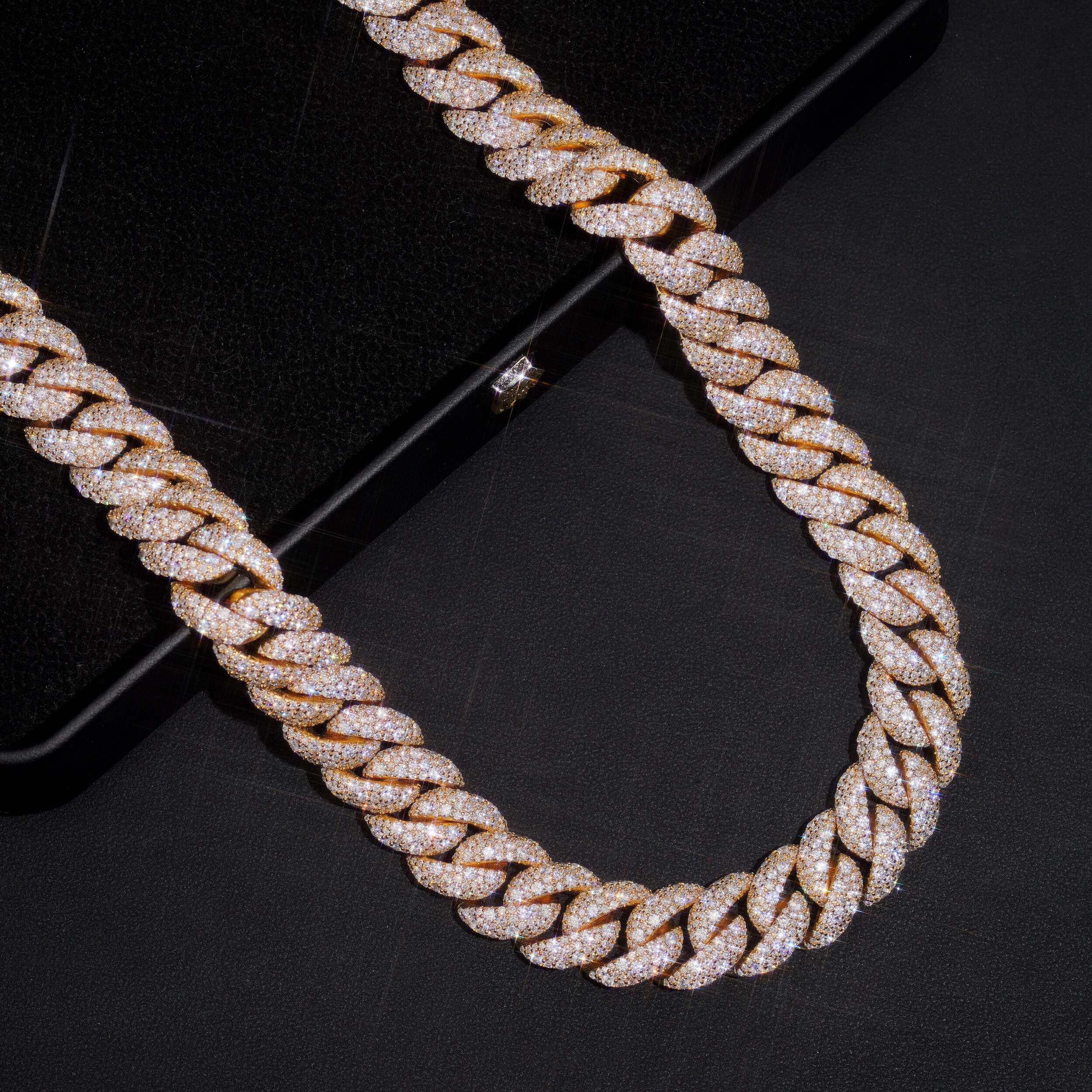 Yellow Gold Mosaic Setting Moissanite Diamond Cuban Link Chain Necklace 15MM