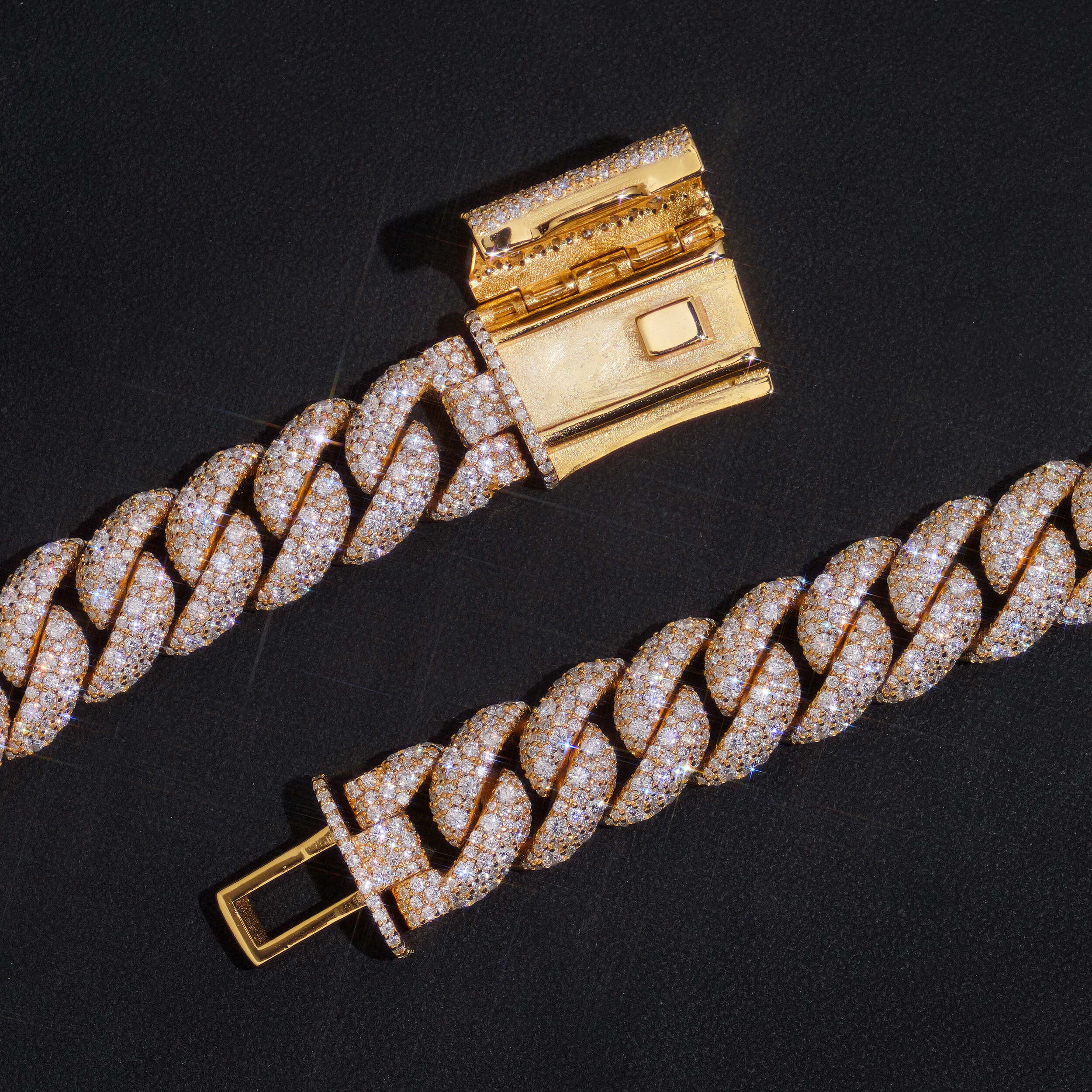 Yellow Gold Mosaic Setting Moissanite Diamond Cuban Link Chain Necklace 15MM