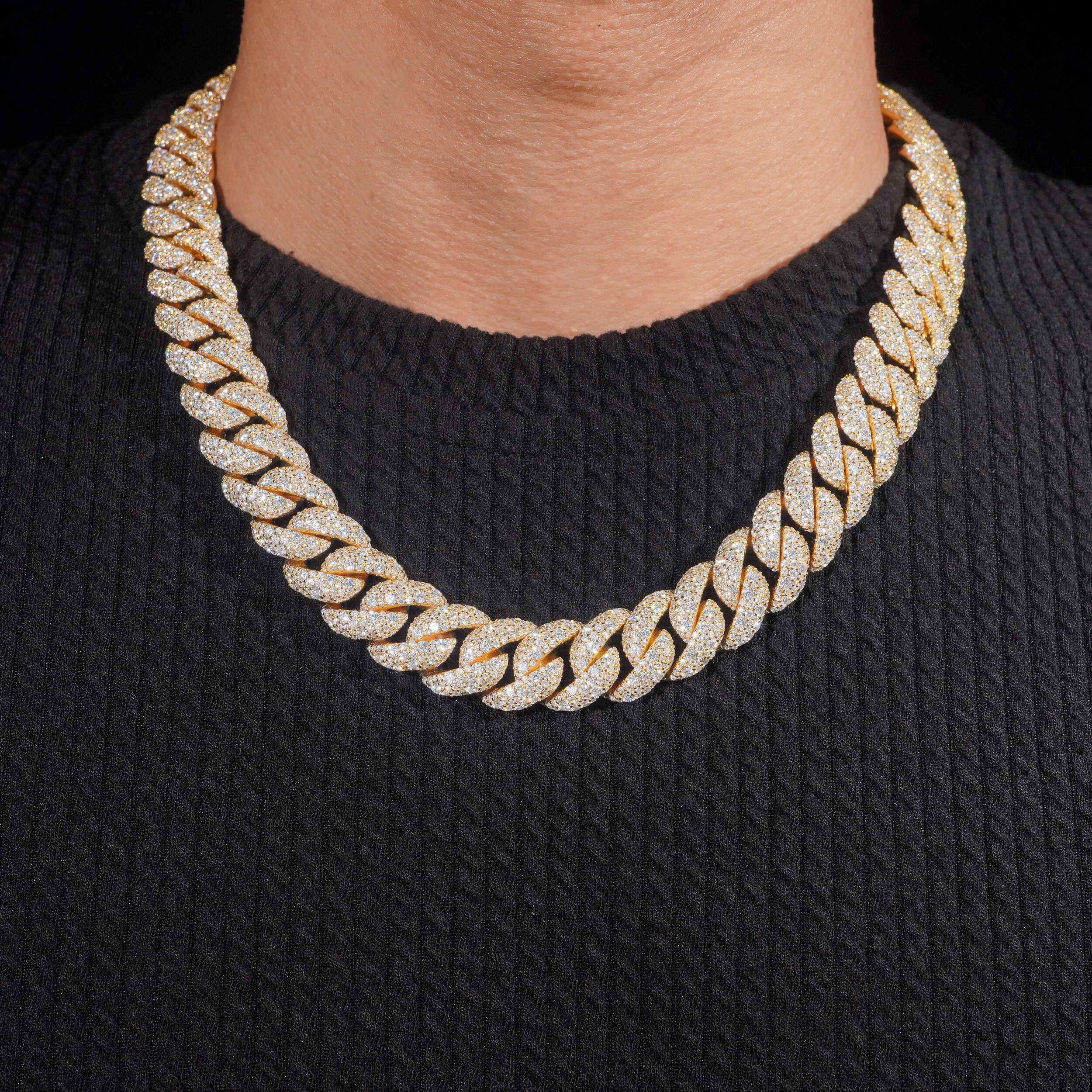 Yellow Gold Mosaic Setting Moissanite Diamond Cuban Link Chain Necklace 15MM