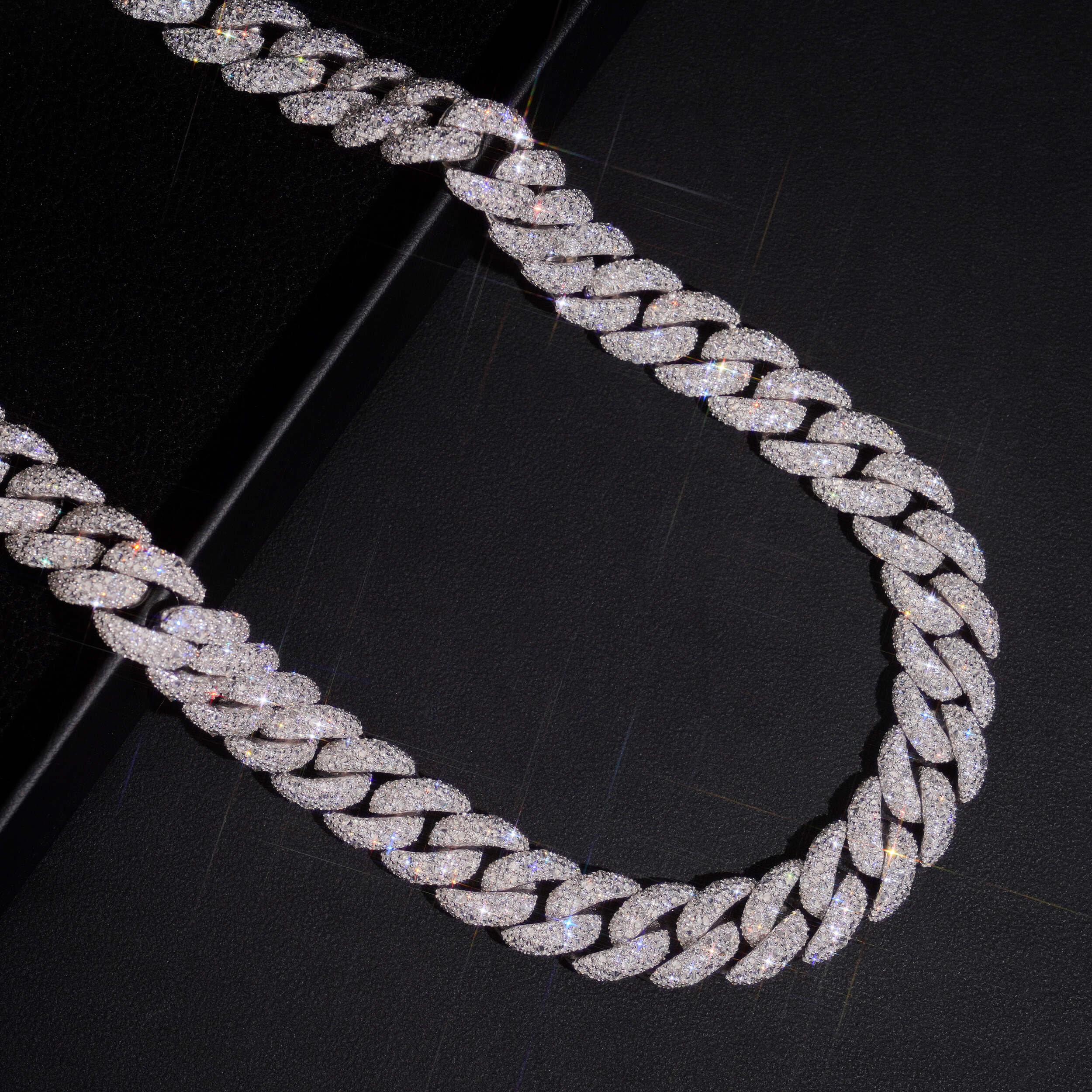14MM Upside Down Mosaic Setting Cuban Link Chain Necklace VVS Moissanite 925 Silver