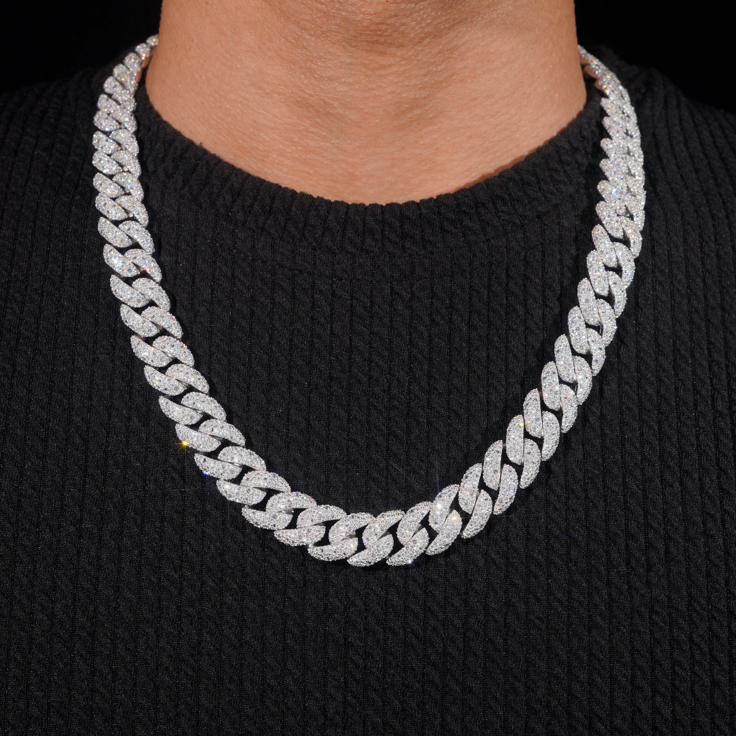 14MM Upside Down Mosaic Setting Cuban Link Chain Necklace VVS Moissanite 925 Silver