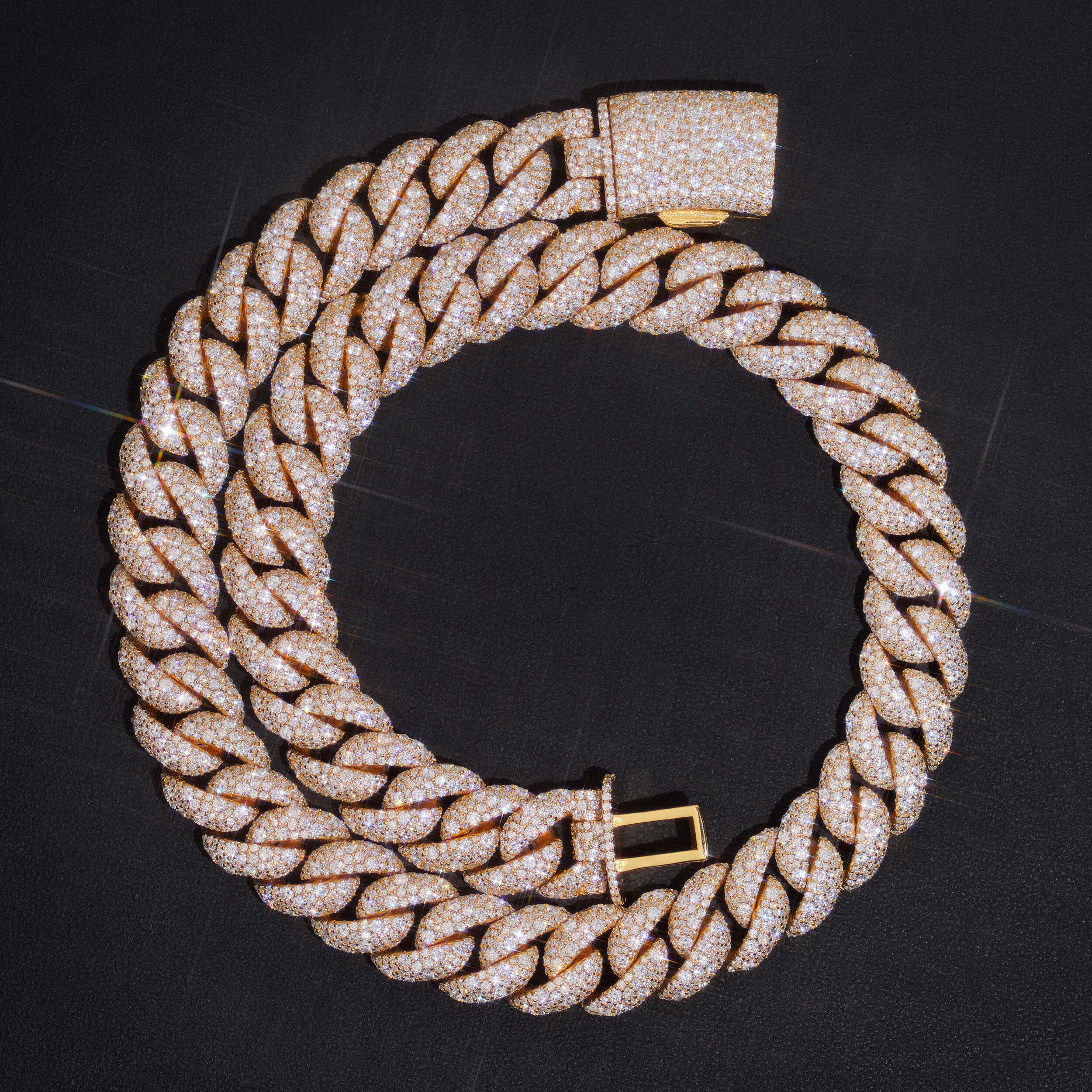 Yellow Gold Mosaic Setting Moissanite Diamond Cuban Link Chain Necklace 15MM