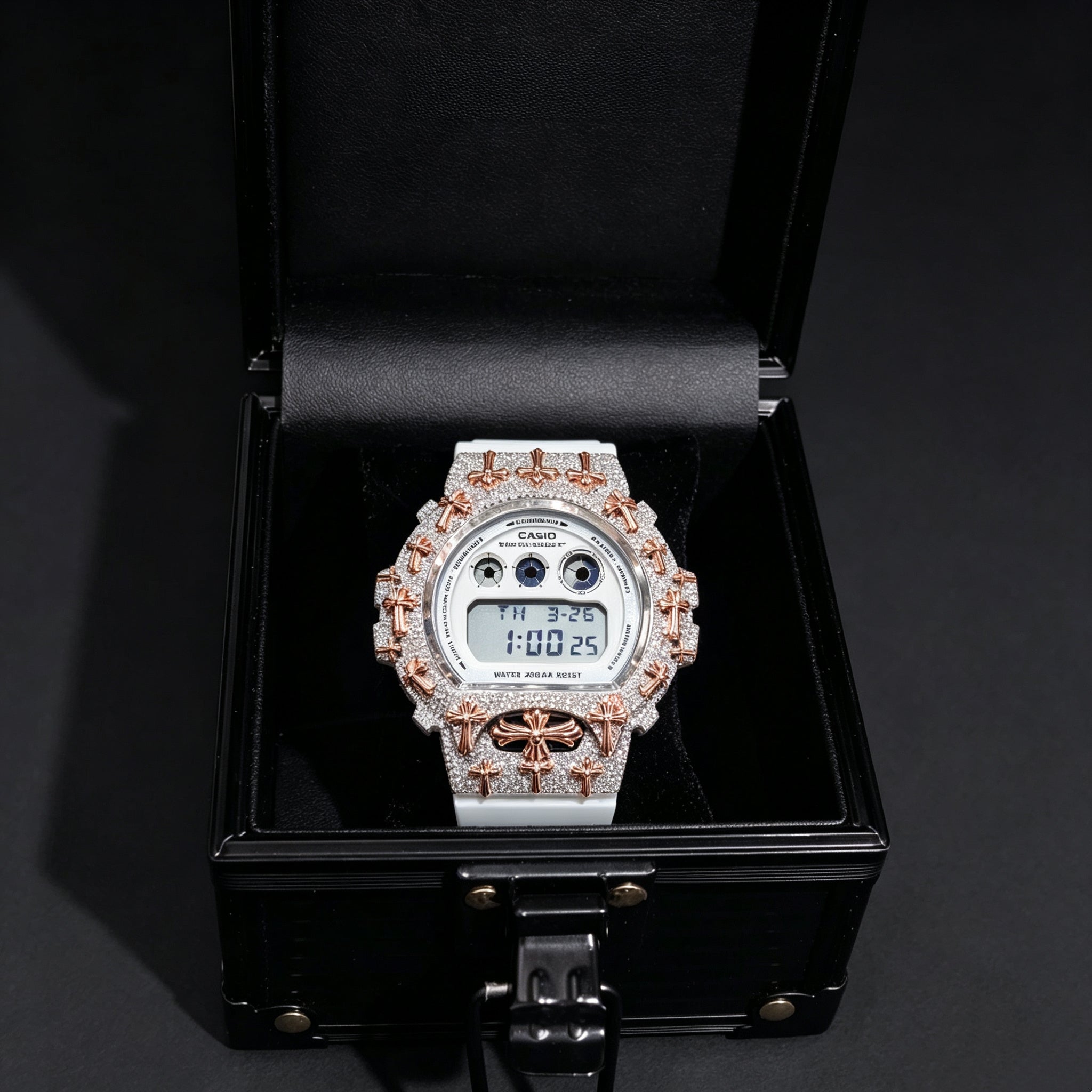 Rose Gold Two Tone Cross Feature Moissanite G Shock Watch