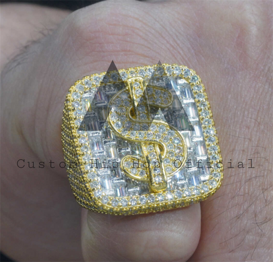 Prata esterlina moissanite diamante masculino hip hop gelado anel de cifrão estilo campeonato