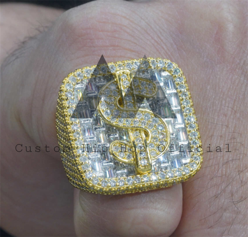 hip hop jewelry, Moissanite hip hop ring with diamond-studded dollar sign on gold background