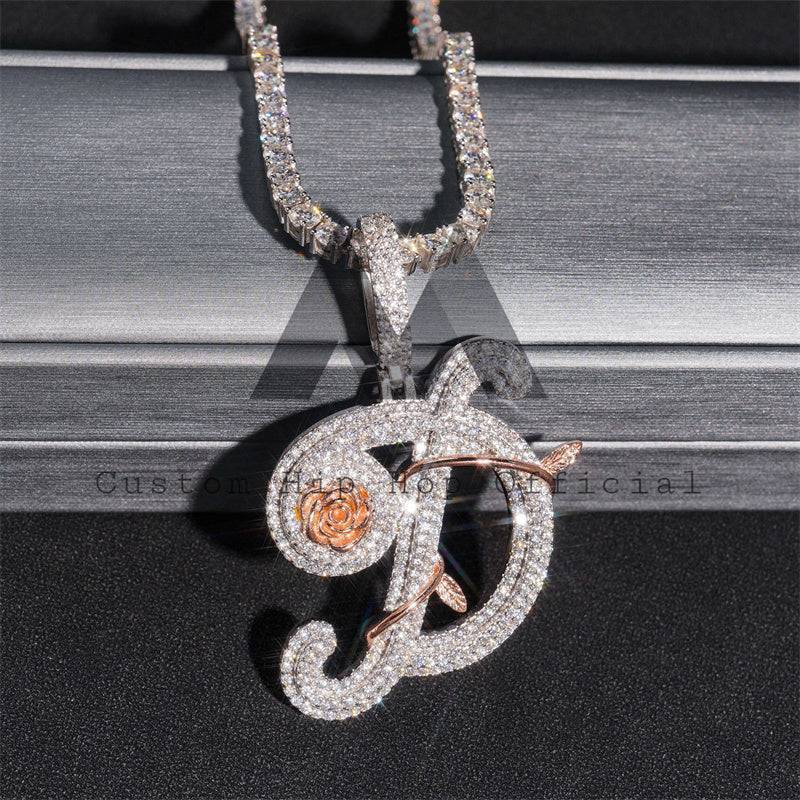 Custom Initial Moissanite Pendant in Rose & White Gold with Floral Design Hip Hop Jewelry2