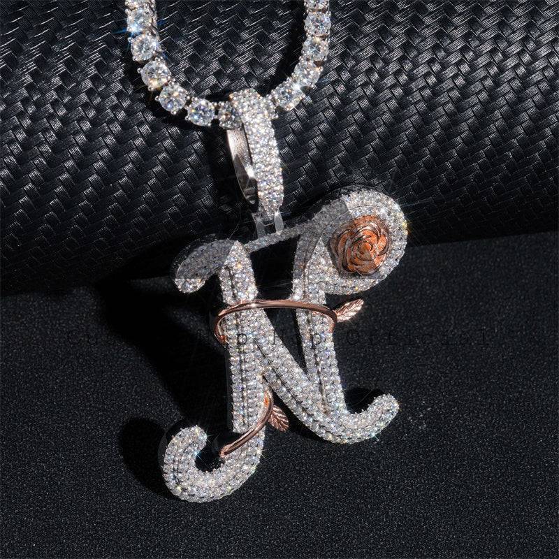 Custom Initial Moissanite Pendant in Rose & White Gold with Floral Design Hip Hop Jewelry3