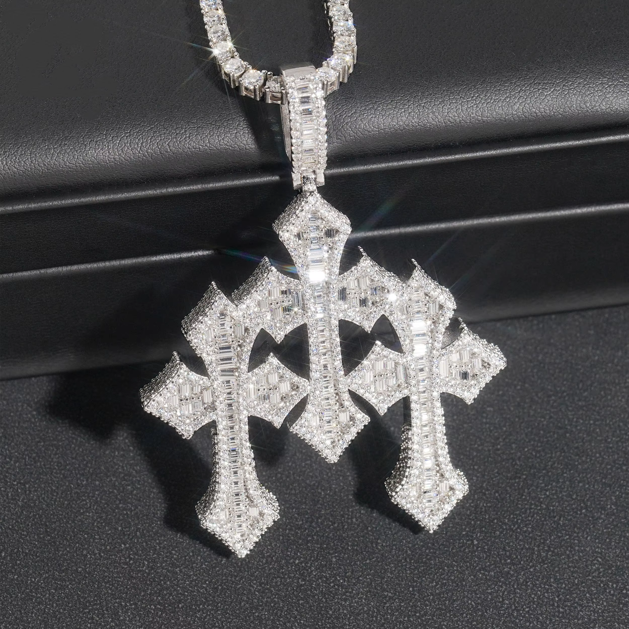 Iced Out Sterling Silver 925 Three Cross Pendant With Baguette VVS Moissanite Diamond