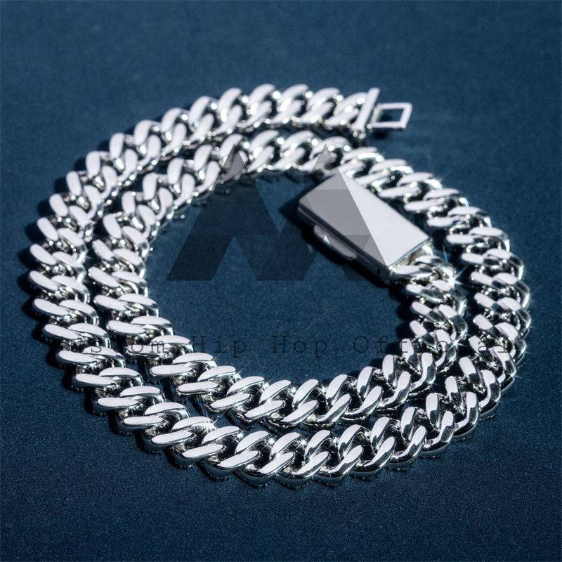 Hip hop jewelry featuring 13MM Iced Moissanite Cuban Chain made of 925 Sterling Silver with Box Lock