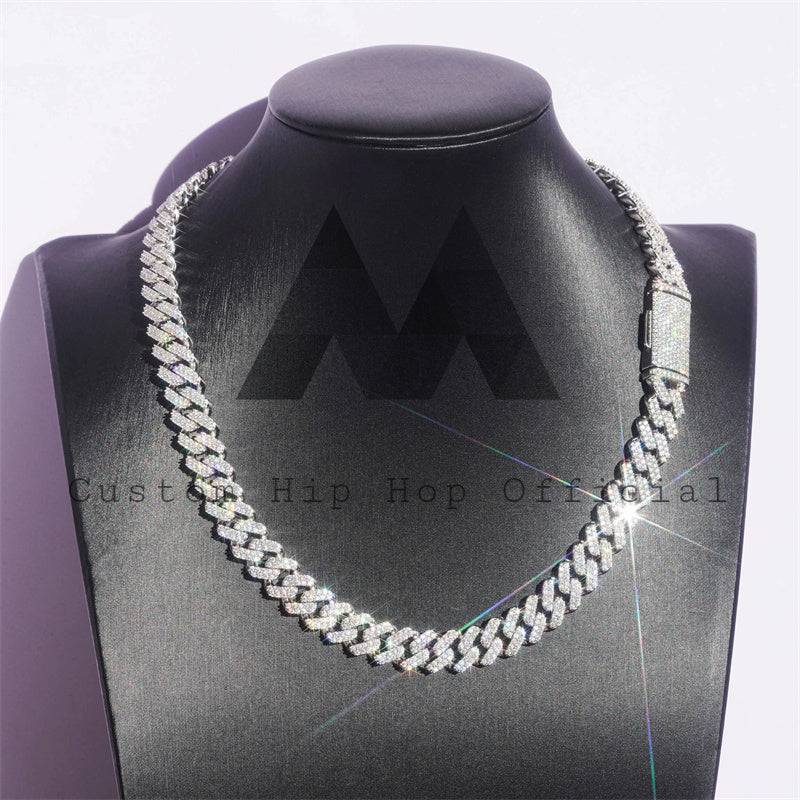 Hip hop jewelry featuring 13MM Iced Moissanite Cuban Chain made of 925 Sterling Silver with Box Lock