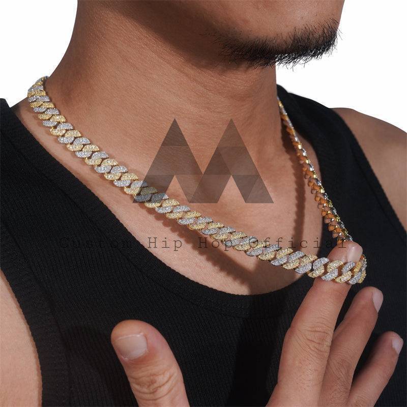 Iced Out Sterling Silver 925 10MM Yellow Gold Mix White Gold Tow Tone Moissanite Diamond Cuban Chain