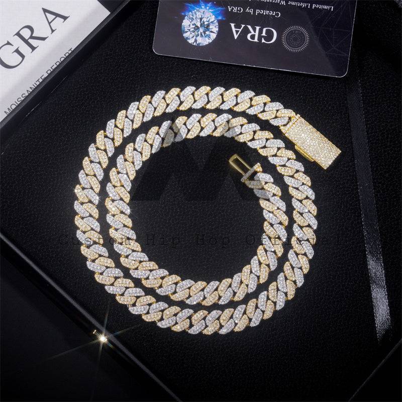 Iced Out Sterling Silver 925 10MM Yellow Gold Mix White Gold Tow Tone Moissanite Diamond Cuban Chain