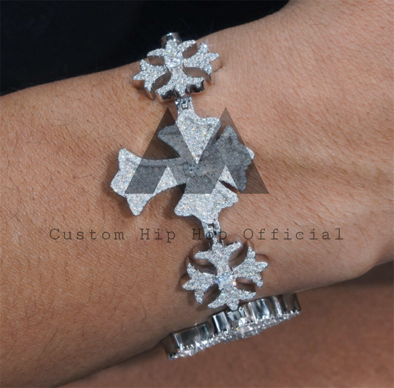 Hip hop jewelry featuring Cross Flower Link Moissanite Tennis Bracelet in White Gold 925 Silver Iced Out0