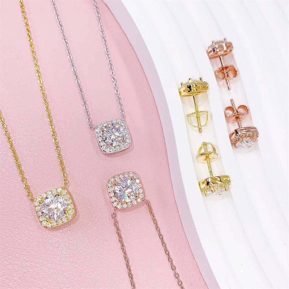 Classic Design Round Brilliant Cut Halo Diamond Style Necklace Earrings Set With Moissanite