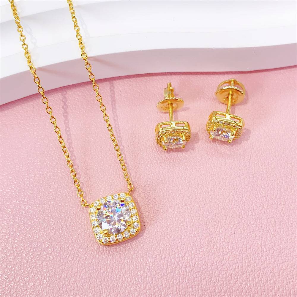 Classic Design Round Brilliant Cut Halo Diamond Style Necklace Earrings Set With Moissanite