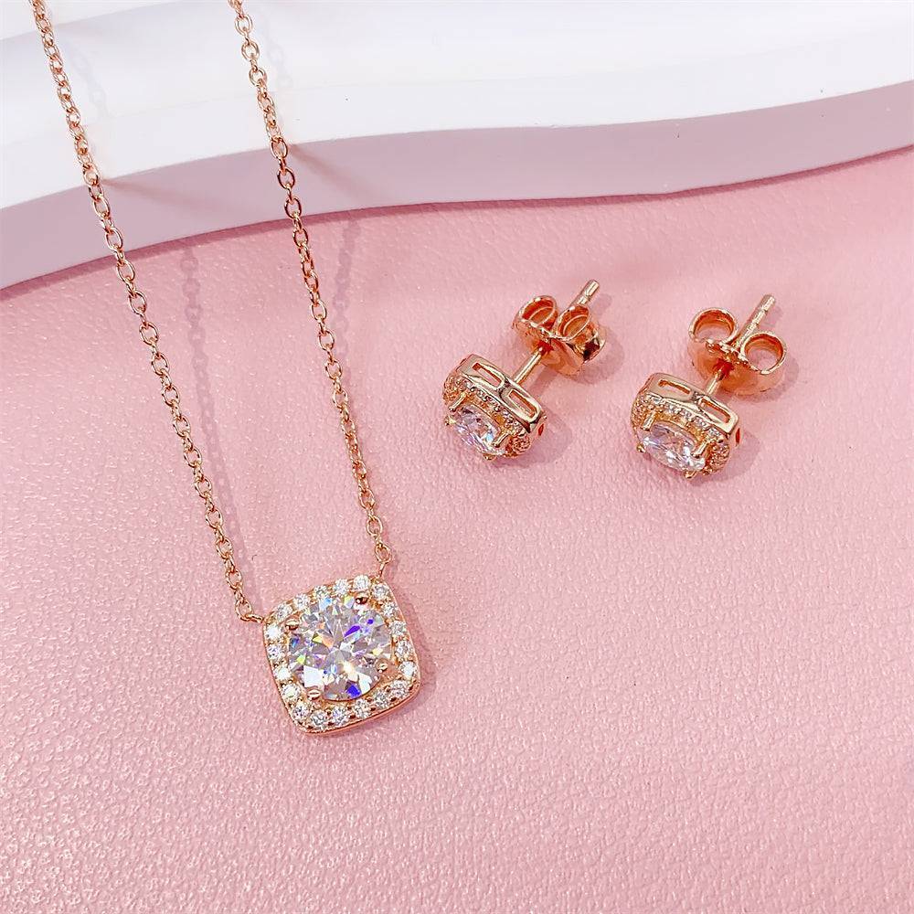 Classic Design Round Brilliant Cut Halo Diamond Style Necklace Earrings Set With Moissanite