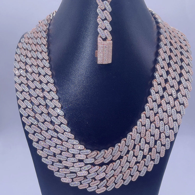 Men Fashion Design 13MM Three Stone Link Cuban Chain With Moissanite Diamond Pass Diamond Tester