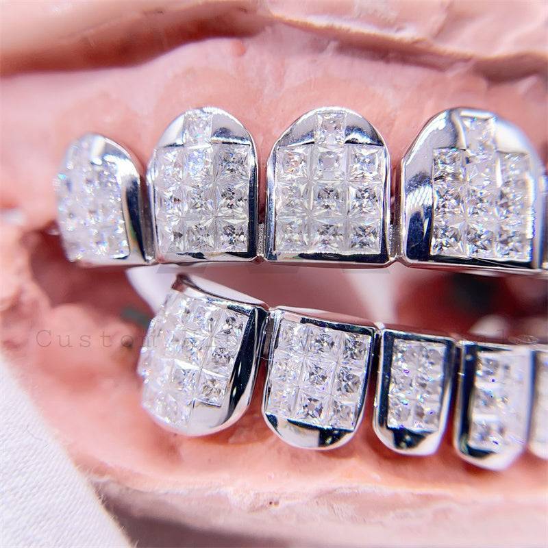 Invisible Setting Top 8 Bottom 8 Princess Cut Moissanite Grillz Custom Made