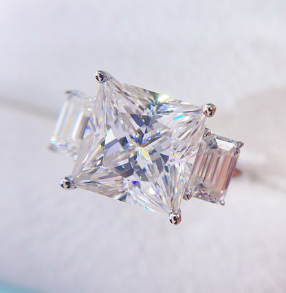Princess Cut Mix Emerald Cut Three Stone Design Moissanite Engagement Ring Vintage Style