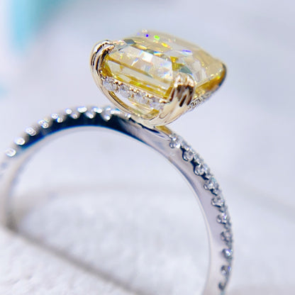 Кольцо с бриллиантом Halo из серебра 925 пробы из белого золота с желтым муассанитом изумрудной огранки 10K, 14K, 18K