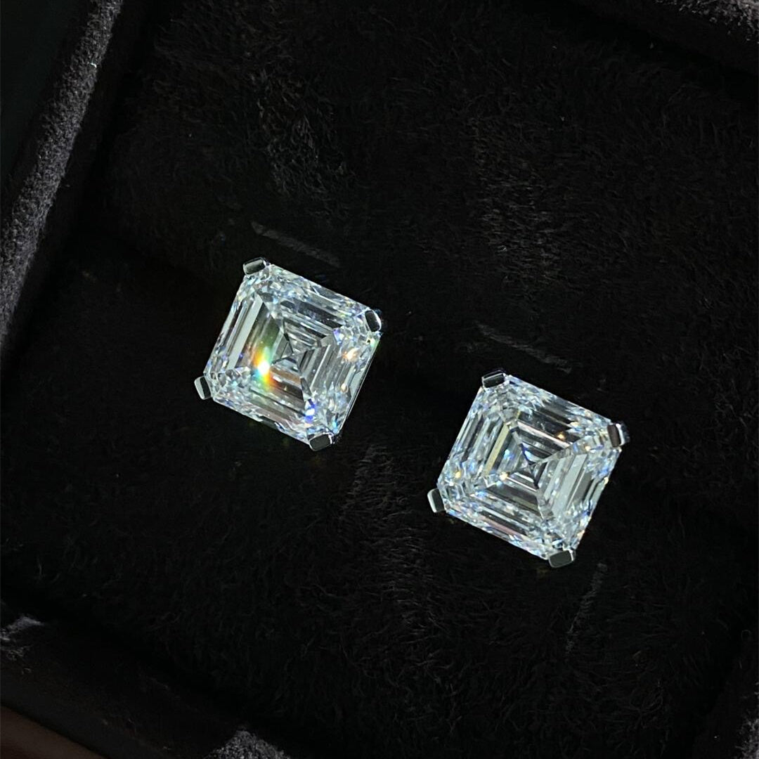 10K White Gold CVD Lab Grown Diamond Asscher Cut Stud Earrings