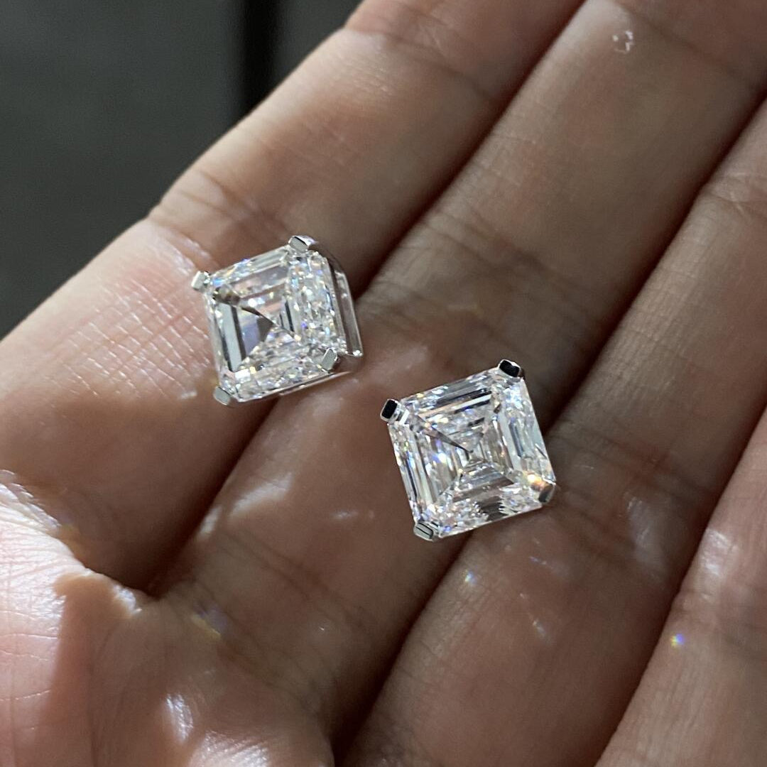 10K White Gold CVD Lab Grown Diamond Asscher Cut Stud Earrings