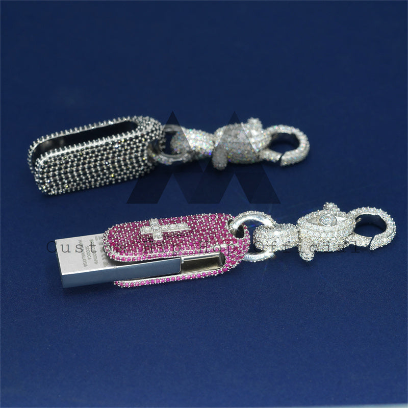Pendente de unidade flash USB de moissanite em prata esterlina gelado adequado para corrente de tênis de 4 mm
