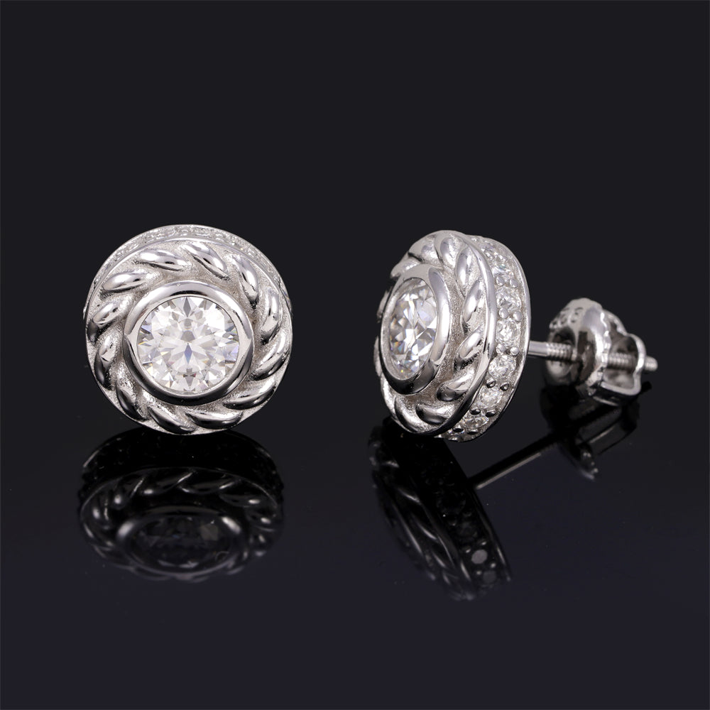 Solid Silver Men Bezel Setting Moissanite Diamond Stud Earrings Screw Back