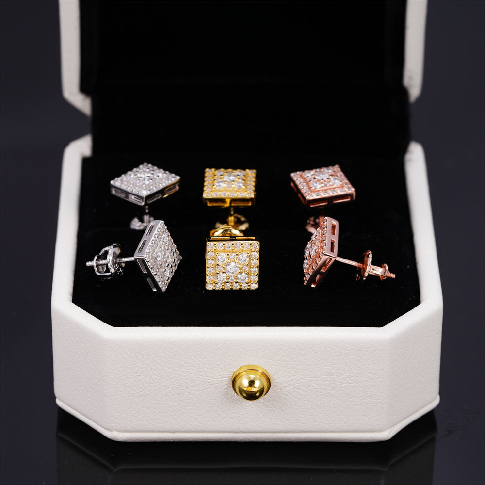 Square Moissanite Diamonds Screw Back Earrings 925 Sterling Silver Men Iced Out