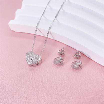 White Gold Solid Silver Iced Out Women Fashion Design Heart Moissanite Jewelry Set Necklace Earrings