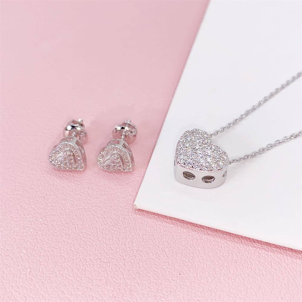 White Gold Solid Silver Iced Out Women Fashion Design Heart Moissanite Jewelry Set Necklace Earrings