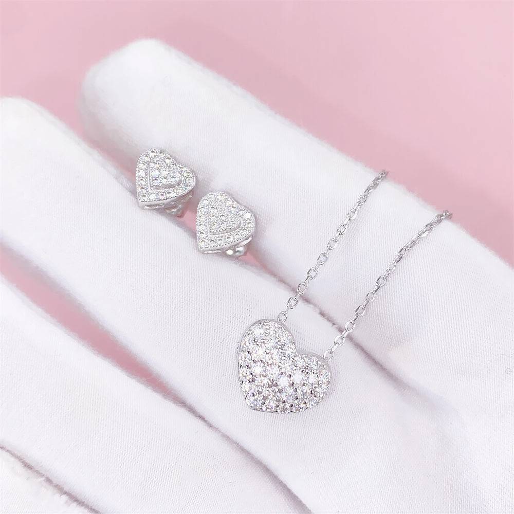 White Gold Solid Silver Iced Out Women Fashion Design Heart Moissanite Jewelry Set Necklace Earrings