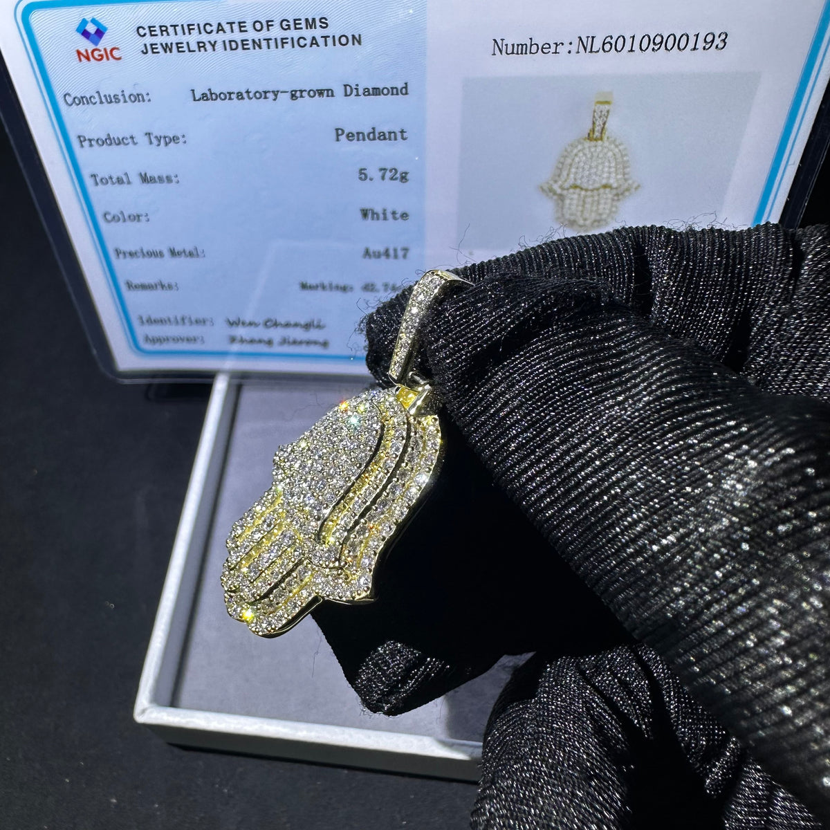 10K Solid Gold VVS Lab Grown Diamond Hamsa Pendant Charm