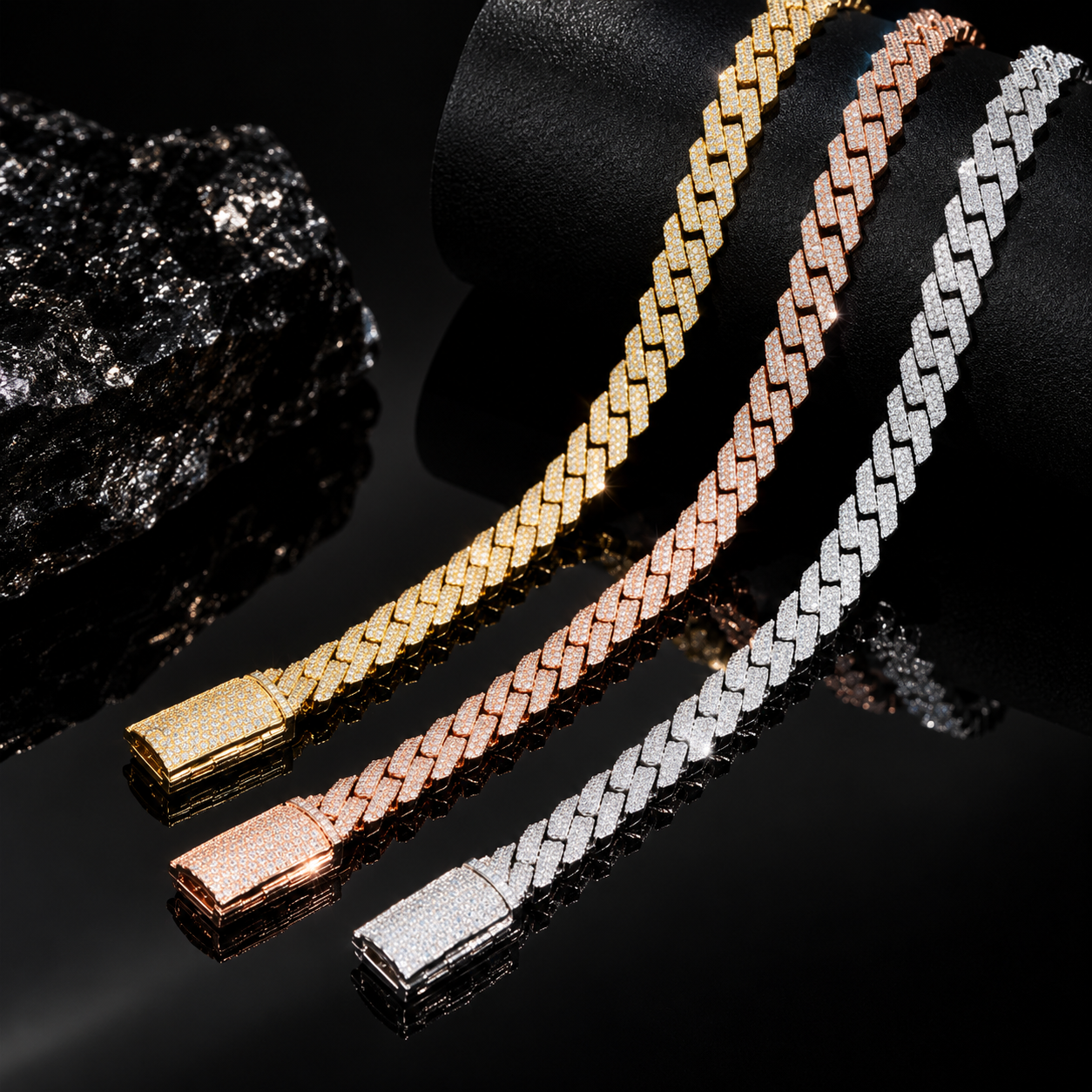 10mm Moissanite Miami Cuban Link Chain – 3 Gold Tones