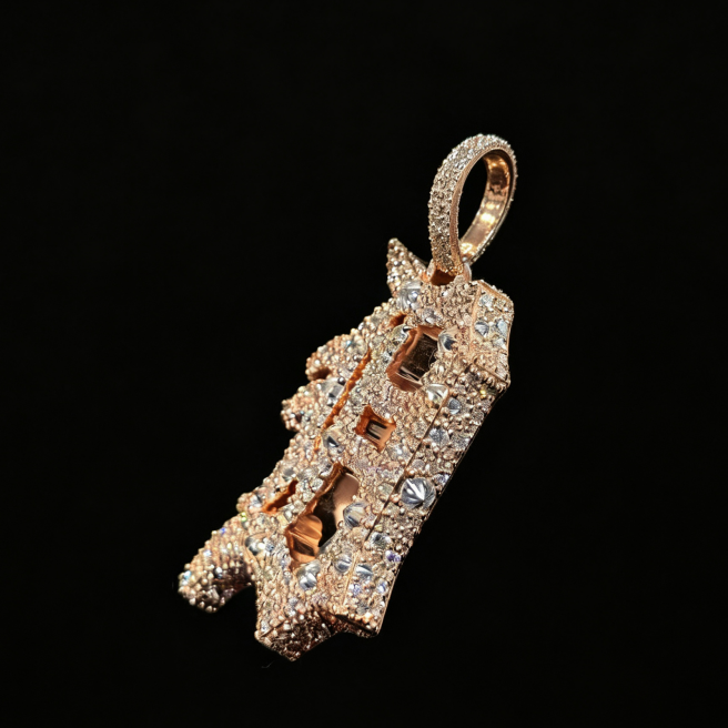 2Inch Tall Rose Gold Letter Pendant B Moissanite Diamond Upside Down Inverted Setting