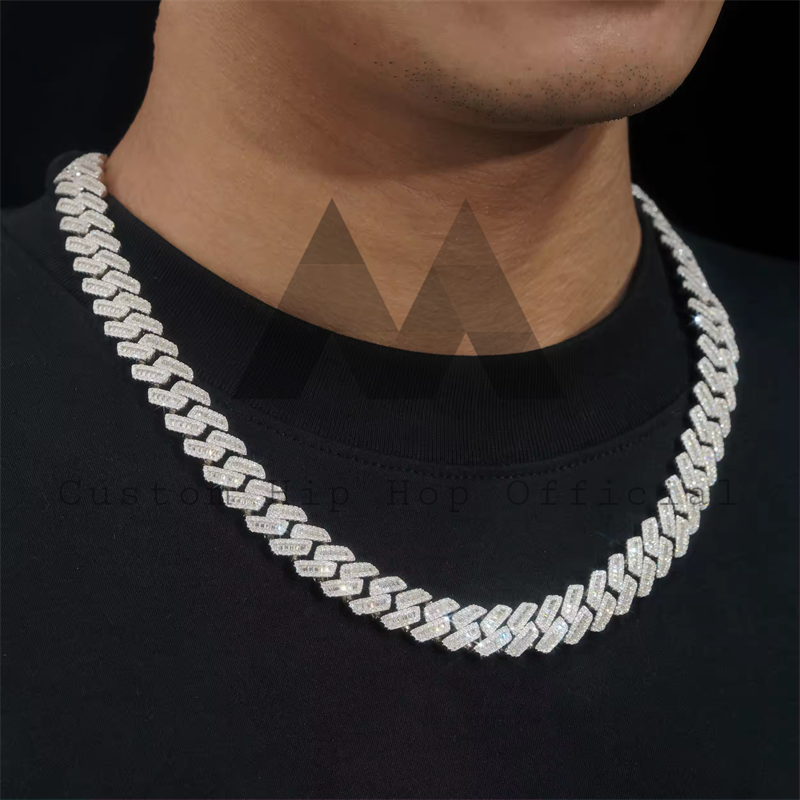 Stylish iced out urban hip hop jewelry with 13MM moissanite baguette Cuban link chain necklace for men3