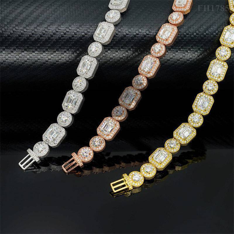 Hip hop jewelry featuring Gemstone Design 12MM Baguette Tennis Chain with Moissanite Diamonds for Men's Fashion3