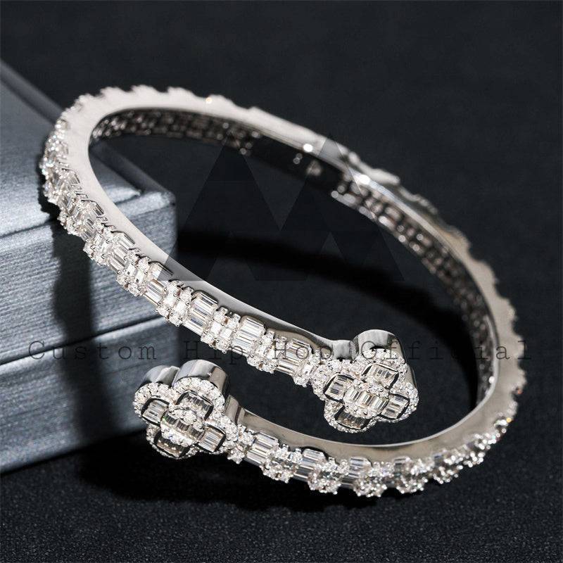 925 Silver Baguette Moissanite Clover Bangle with White Gold Finish