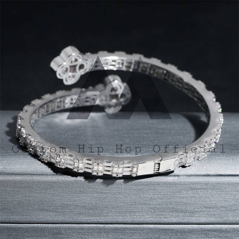 925 Silver Baguette Moissanite Clover Bangle with White Gold Finish