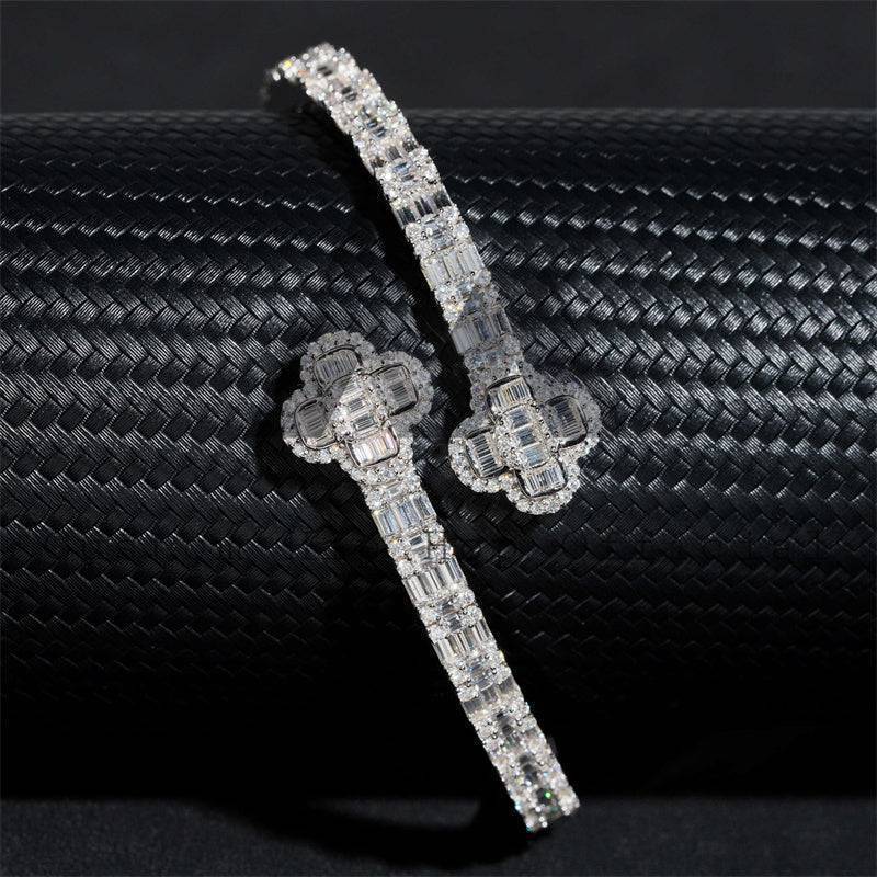 925 Silver Baguette Moissanite Clover Bangle with White Gold Finish