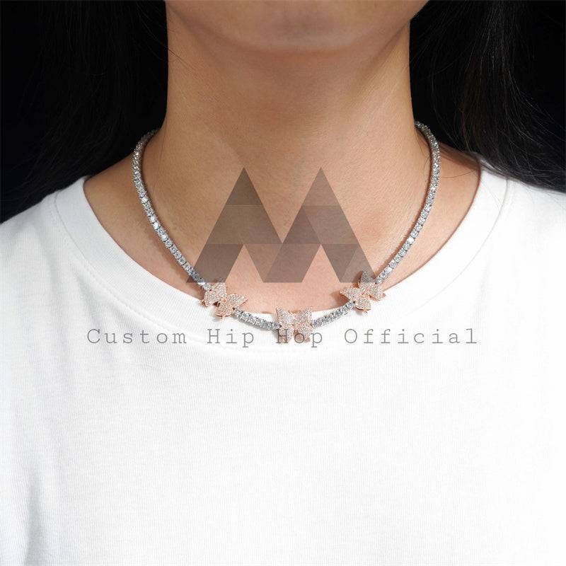 Rose Gold Two Tone Silver 925 Women 3MM Moissanite Tennis Link Chain With Butterfly Hip Hop Jewelry0