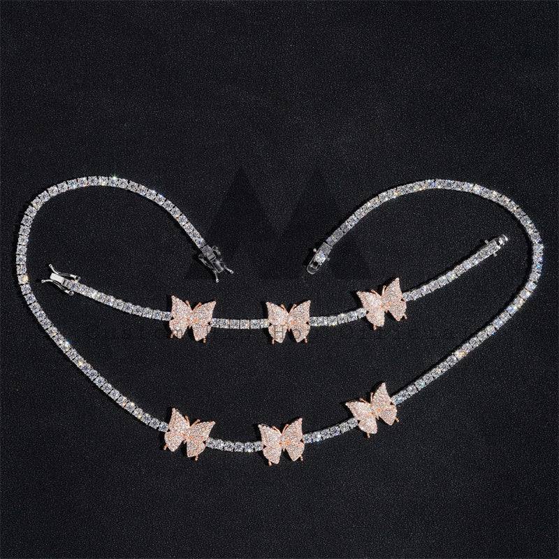 Rose Gold Two Tone Silver 925 Women 3MM Moissanite Tennis Link Chain With Butterfly Hip Hop Jewelry1